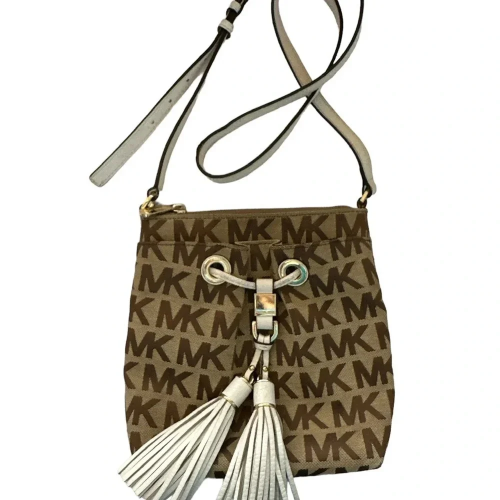 Michael Kors Monogram Drawstring Bucket Brown Mini WithTassel Crossbody Bag